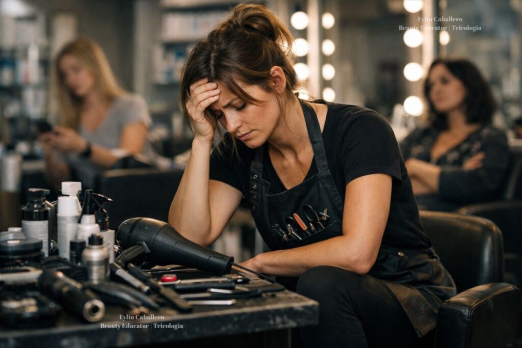 Estilista cansado en un salon de belleza despues de trabajar muchas horas atendiendo clientes